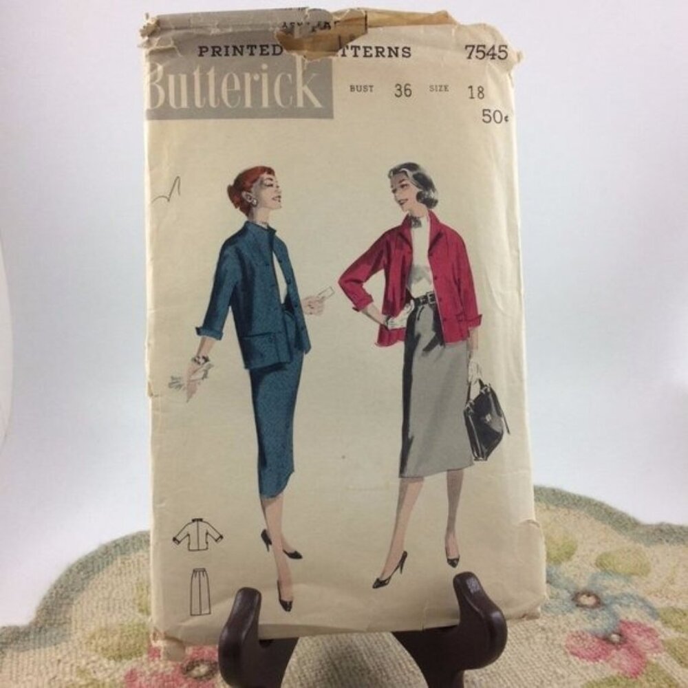 Vtg Butterick Pattern 7545 Trim Box Jacket Slim Fitted Skirt Cut 36" Bust 1950s